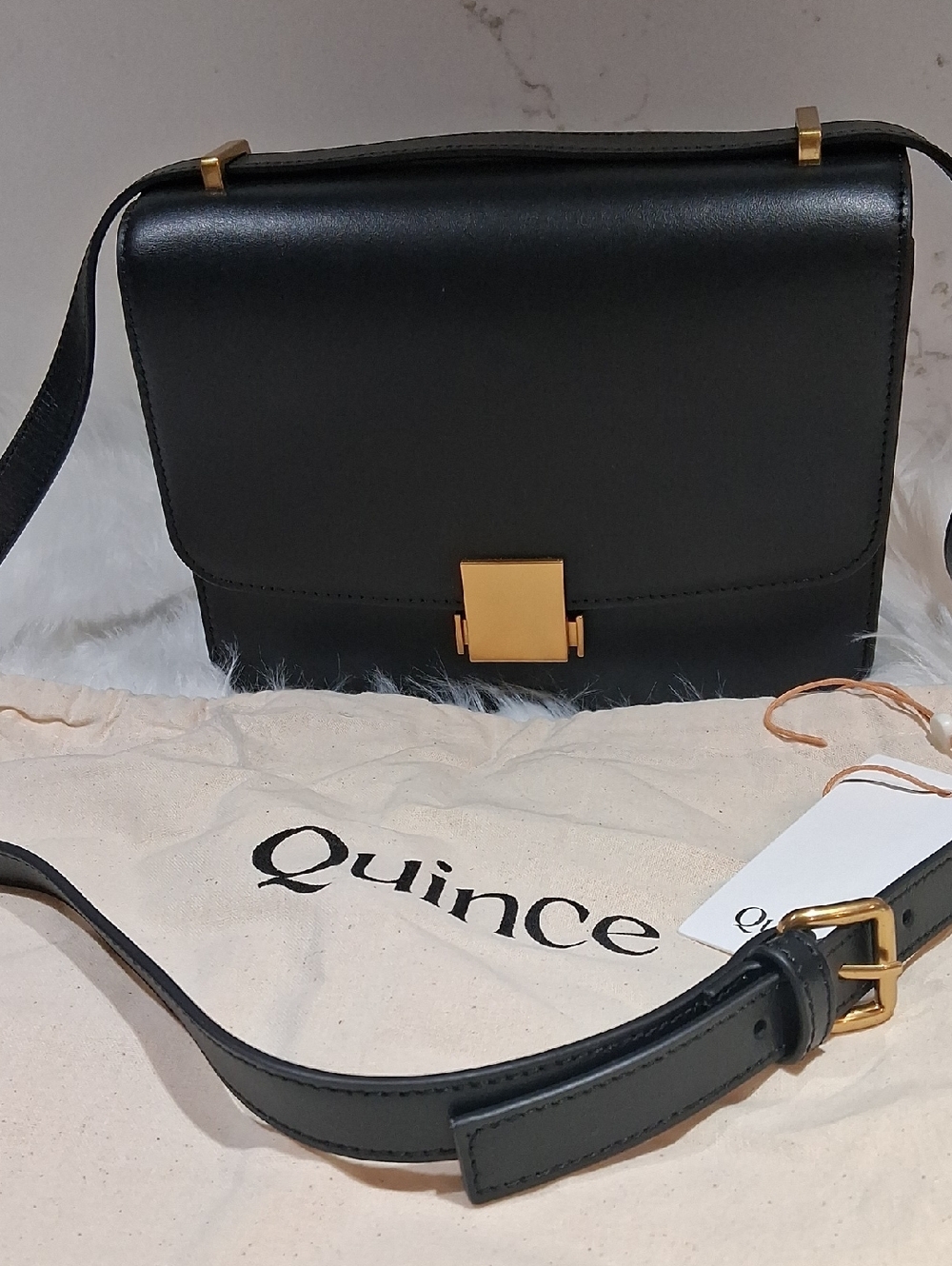 Quince Black Leather Crossbody with Gold-Tone Hardware